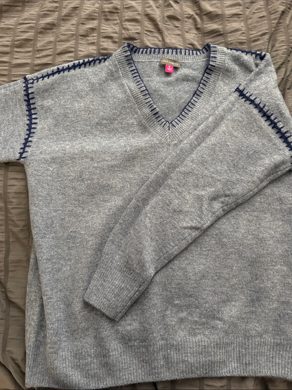 Women’s V-Neck blue Sweater with Navy Stitch Detail